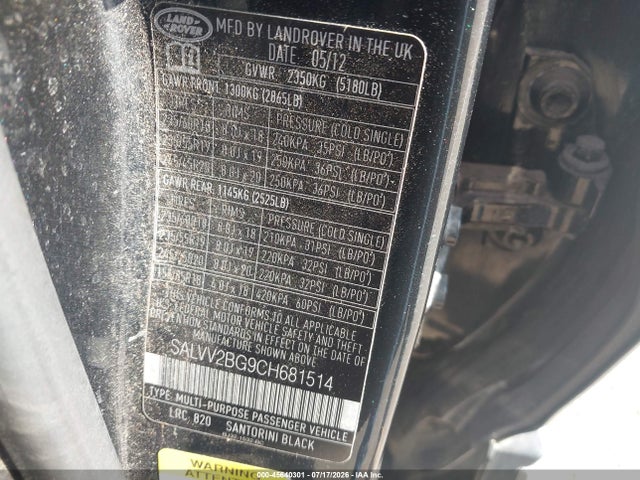 Aukcja sprzedaży 2012 Land Rover Range Rover Evoque Pure Plus, vin: SALVV2BG9CH681514, numer aukcji: 45640301