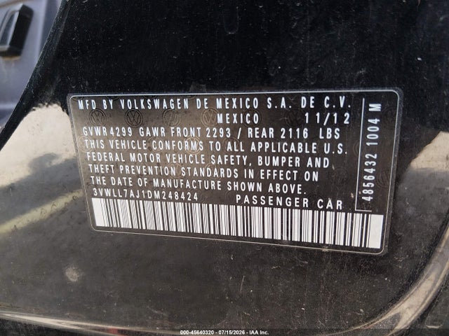 2013 Volkswagen Jetta 2.0l Tdi მანქანა იყიდება აუქციონზე, vin: 3VWLL7AJ1DM248424, აუქციონის ნომერი: 45640320