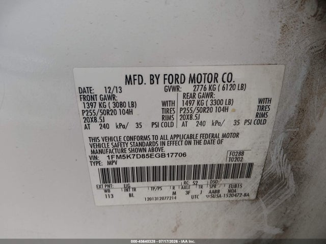 1FM5K7D85EGB17706 Ford EXPLORER XLT