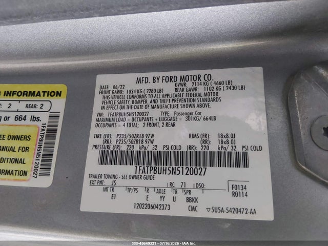 2022 Ford Mustang Ecoboost Premium მანქანა იყიდება აუქციონზე, vin: 1FATP8UH5N5120027, აუქციონის ნომერი: 45640331