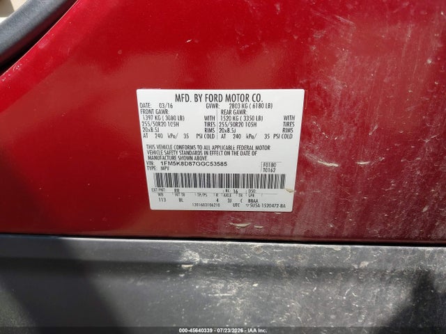 Ford EXPLORER XLT 2016 1FM5K8D87GGC53585 Image 9