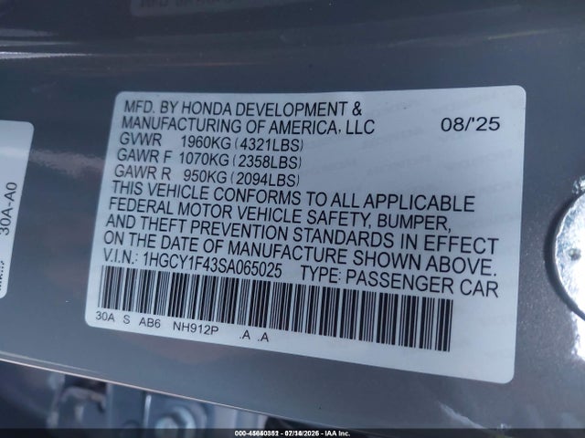 Продажа на аукционе авто 2025 Honda Accord Se, vin: 1HGCY1F43SA065025, номер лота: 45640351