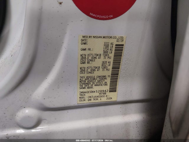 Aukcja sprzedaży 2019 Nissan Titan Pro-4x, vin: 1N6AA1E50KN520942, numer aukcji: 45640352