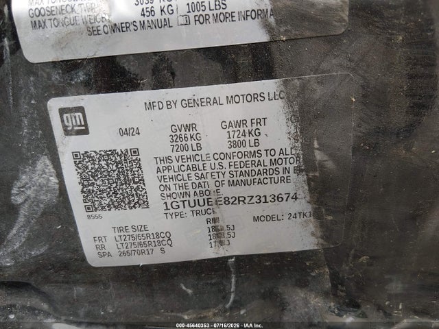 45640353 :رقم المزاد ، 1GTUUEE82RZ313674 vin ، 2024 Gmc Sierra 1500 4wd  Short Box At4 مزاد بيع