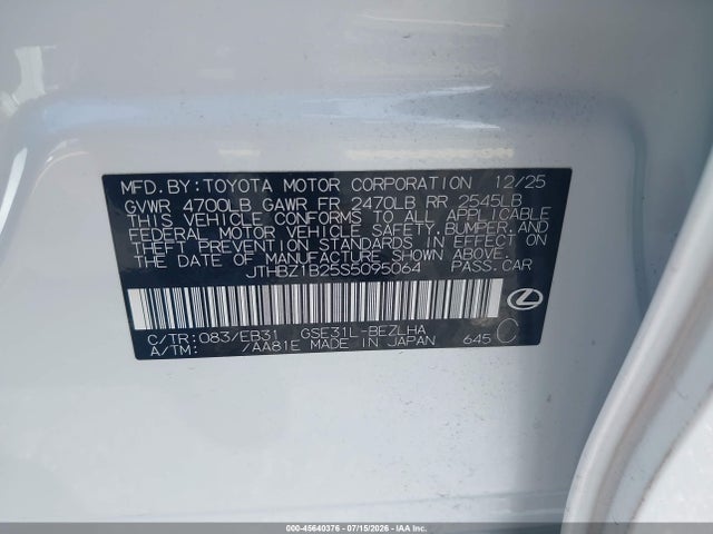 Aukcja sprzedaży 2025 Lexus Is 350 F Sport Design, vin: JTHBZ1B25S5095064, numer aukcji: 45640376