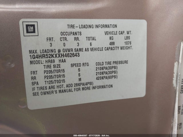 1999 Buick Lesabre Limited მანქანა იყიდება აუქციონზე, vin: 1G4HR52KXXH462643, აუქციონის ნომერი: 45640387