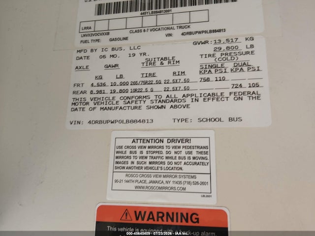 45640409 :رقم المزاد ، 4DRBUPWP0LB884813 vin ، 2020 Ic Corporation 3000 Ce مزاد بيع