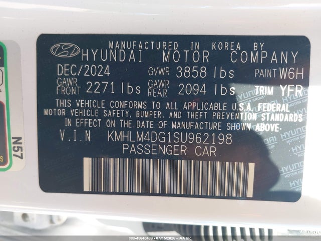 KMHLM4DG1SU962198 Hyundai Elantra Sel Sport