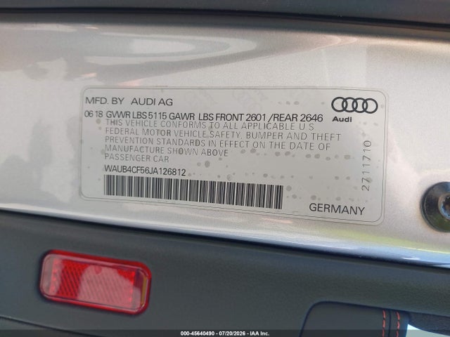 45640490 :رقم المزاد ، WAUB4CF56JA126812 vin ، 2018 Audi S5 3.0t Premium Plus مزاد بيع