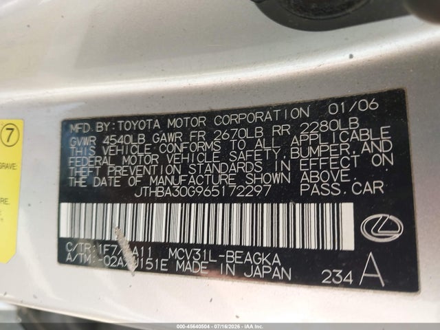 Aukcja sprzedaży 2006 Lexus Es 330, vin: JTHBA30G965172297, numer aukcji: 45640504