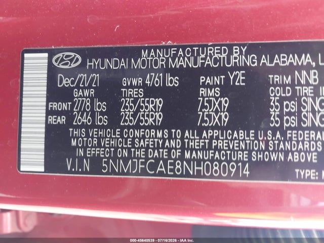 45640539 :رقم المزاد ، 5NMJFCAE8NH080914 vin ، 2022 Hyundai Tucson Sel مزاد بيع