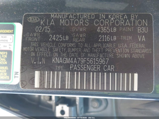 2015 Kia Optima Lx მანქანა იყიდება აუქციონზე, vin: KNAGM4A79F5615967, აუქციონის ნომერი: 45640558