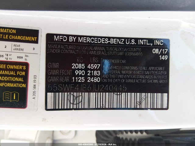 2018 Mercedes-benz C 300 მანქანა იყიდება აუქციონზე, vin: 55SWF4JB6JU240445, აუქციონის ნომერი: 45640568