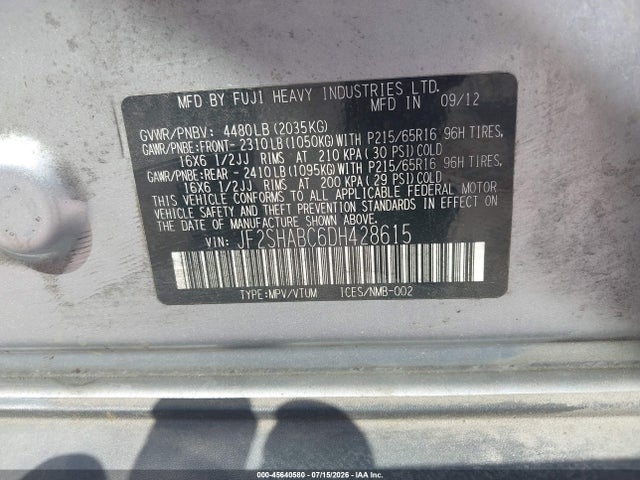 Продаж на аукціоні авто 2013 Subaru Forester 2.5x, vin: JF2SHABC6DH428615, номер лоту: 45640580
