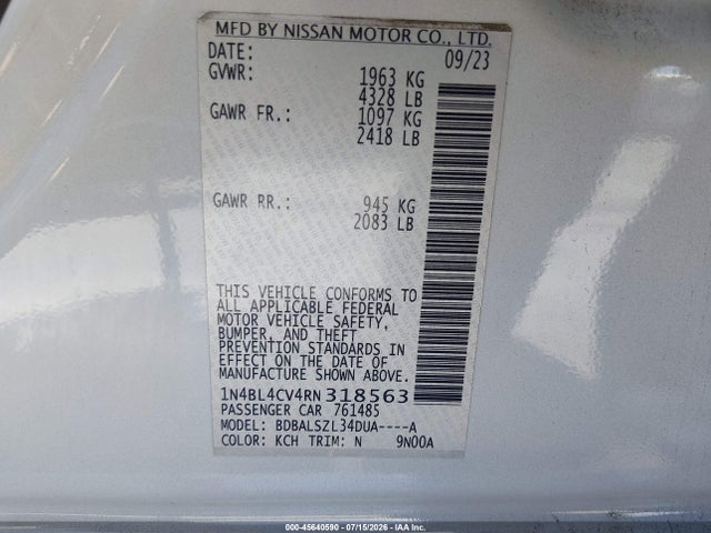 1N4BL4CV4RN318563 Nissan Altima Sr Fwd