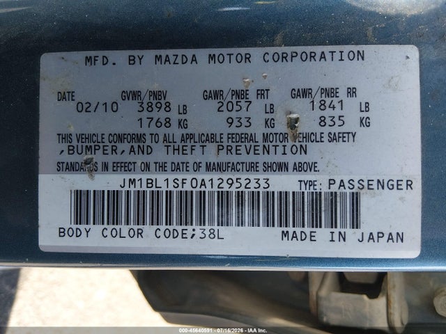 Aukcja sprzedaży 2010 Mazda Mazda3 I Touring, vin: JM1BL1SF0A1295233, numer aukcji: 45640591