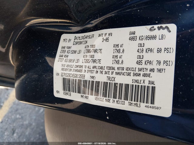 Продаж на аукціоні авто 2005 Dodge Ram 2500 St/slt, vin: 3D7KS28CX5G813559, номер лоту: 45640601