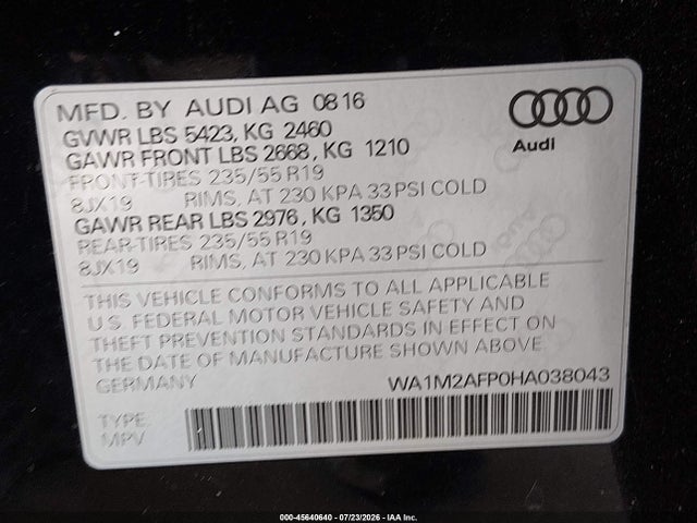 Продажа на аукционе авто 2017 Audi Q5 2.0t Premium, vin: WA1M2AFP0HA038043, номер лота: 45640640