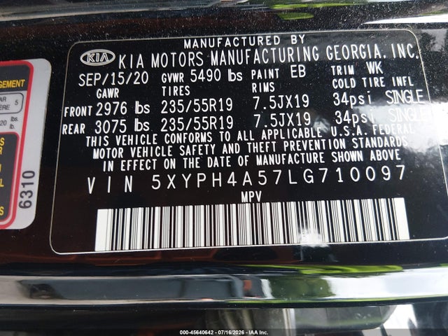 2020 Kia Sorento 3.3l Ex მანქანა იყიდება აუქციონზე, vin: 5XYPH4A57LG710097, აუქციონის ნომერი: 45640642