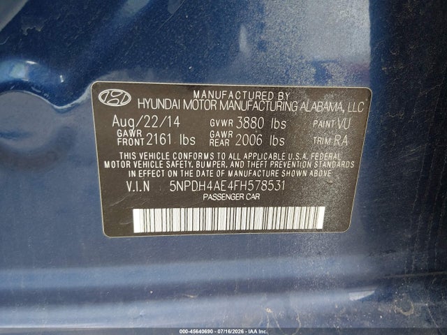 Aukcja sprzedaży 2015 Hyundai Elantra Se, vin: 5NPDH4AE4FH578531, numer aukcji: 45640690