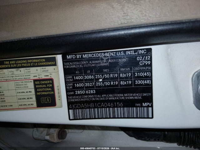 Продаж на аукціоні авто 2012 Mercedes-benz Ml 350 4matic, vin: 4JGDA5HB1CA046156, номер лоту: 45640703