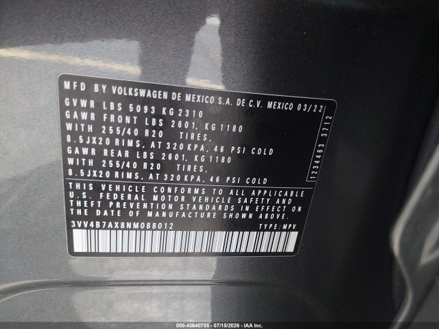 Aukcja sprzedaży 2022 Volkswagen Tiguan 2.0t Sel R-line, vin: 3VV4B7AX8NM088012, numer aukcji: 45640705