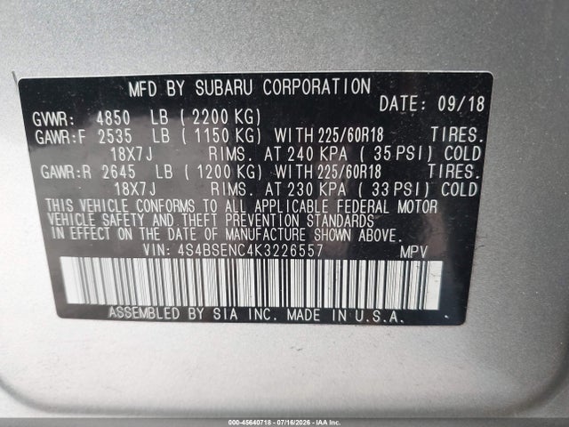 Продажа на аукционе авто 2019 Subaru Outback 3.6r Limited, vin: 4S4BSENC4K3226557, номер лота: 45640718