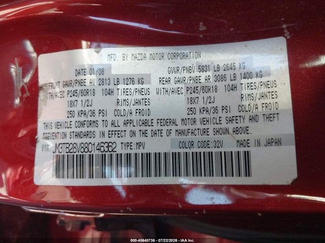 Aukcja sprzedaży 2008 Mazda Cx-9 Touring, vin: JM3TB28V880146362, numer aukcji: 45640736
