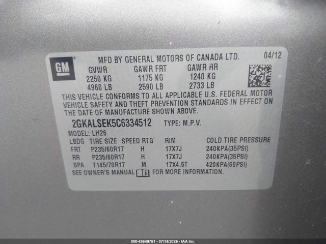 45640751 :رقم المزاد ، 2GKALSEK5C6334512 vin ، 2012 Gmc Terrain Sle-2 مزاد بيع