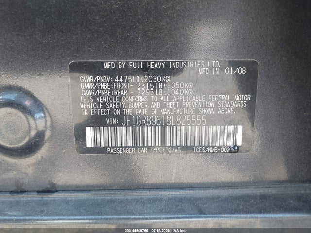 Продажа на аукционе авто 2008 Subaru Impreza Wrx Sti, vin: JF1GR89618L825555, номер лота: 45640750