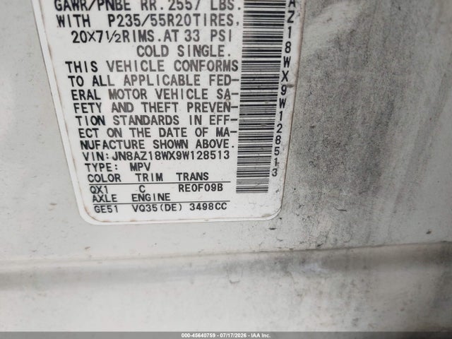 Продажа на аукционе авто 2009 Nissan Murano Le, vin: JN8AZ18WX9W128513, номер лота: 45640759