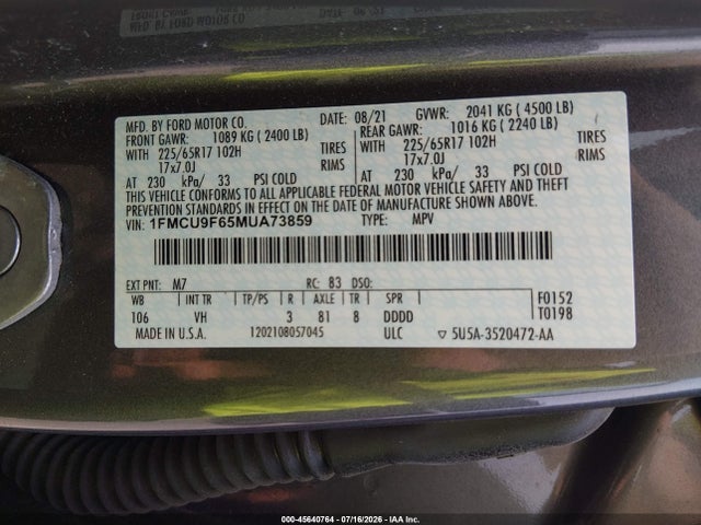 Ford ESCAPE S 2021 1FMCU9F65MUA73859 Image 9