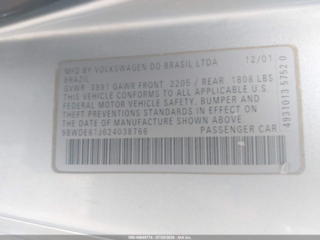 2002 Volkswagen Gti 1.8l მანქანა იყიდება აუქციონზე, vin: 9BWDE61J624038766, აუქციონის ნომერი: 45640774
