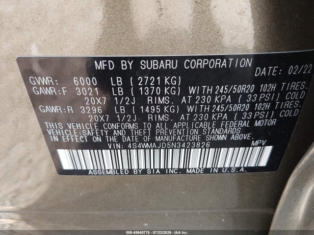 45640778 :رقم المزاد ، 4S4WMAJD5N3423826 vin ، 2022 Subaru Ascent Onyx Edition مزاد بيع