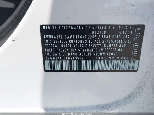 Aukcja sprzedaży 2014 Volkswagen Jetta 1.8t Se, vin: 3VWD17AJ0EM289557, numer aukcji: 45640782