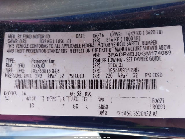 45640788 :رقم المزاد ، 3FADP4BJ0GM174089 vin ، 2016 Ford Fiesta Se مزاد بيع