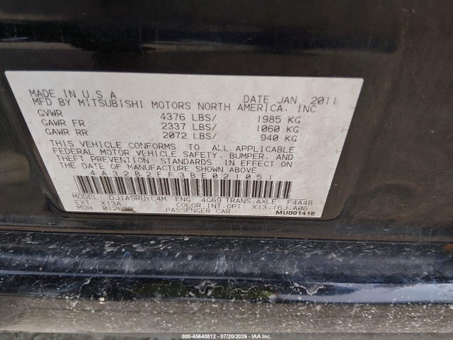 45640812 :رقم المزاد ، 4A32B2FF3BE021051 vin ، 2011 Mitsubishi Galant Fe مزاد بيع