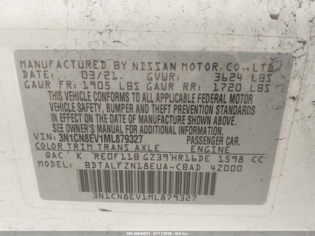 2021 Nissan Versa Sv Xtronic Cvt მანქანა იყიდება აუქციონზე, vin: 3N1CN8EV1ML879327, აუქციონის ნომერი: 45640831