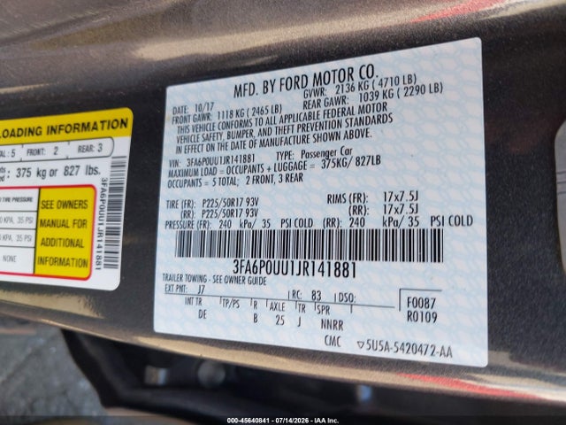 Ford Fusion Hybrid S 2018 3FA6P0UU1JR141881 Image 9