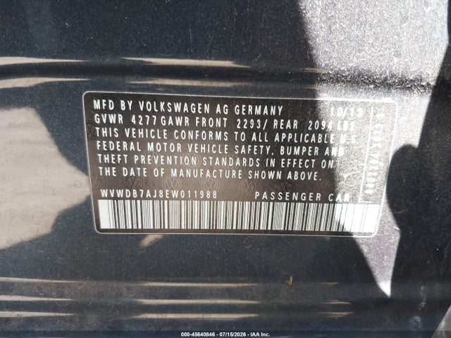 Aukcja sprzedaży 2014 Volkswagen Golf 2.5l (a6) (no Longer Orderable), vin: WVWDB7AJ8EW011988, numer aukcji: 45640846