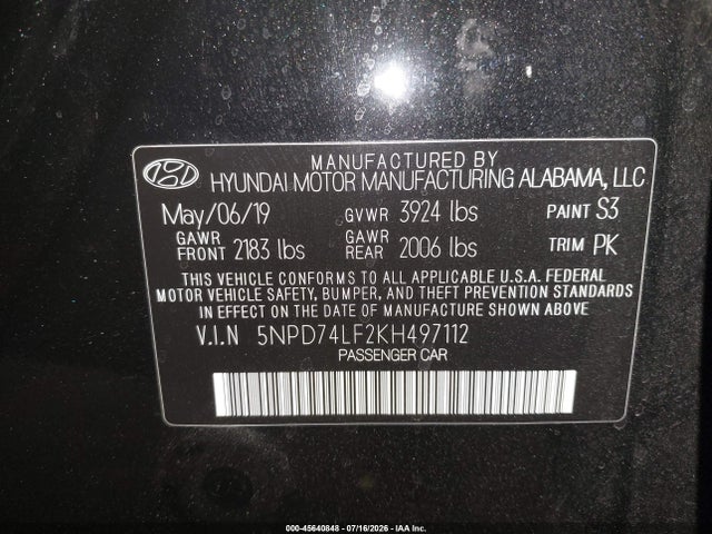 Auction sale of the 2019 Hyundai Elantra Se, vin: 5NPD74LF2KH497112, lot number: 45640848