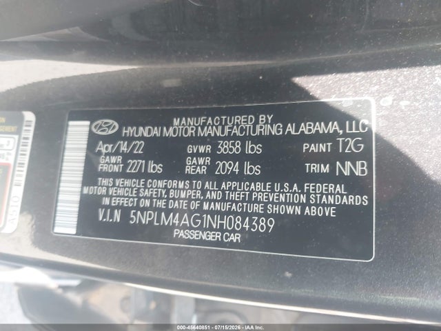 Aukcja sprzedaży 2022 Hyundai Elantra Sel, vin: 5NPLM4AG1NH084389, numer aukcji: 45640851