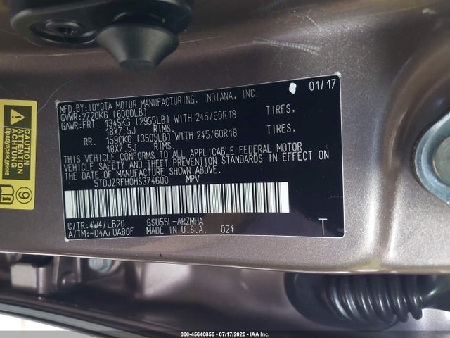 5TDJZRFH0HS374600 Toyota Highlander Xle