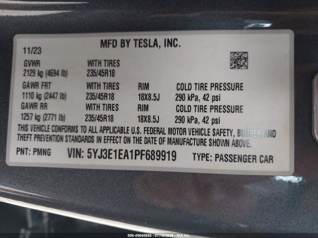 Tesla Model 3 Rear-wheel Drive 2023 5YJ3E1EA1PF689919 Image 9