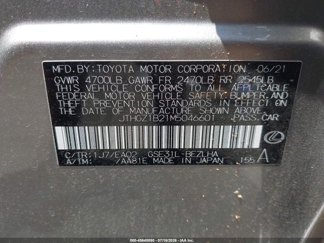 Продаж на аукціоні авто 2021 Lexus Is 350 F Sport, vin: JTHGZ1B21M5046601, номер лоту: 45640890