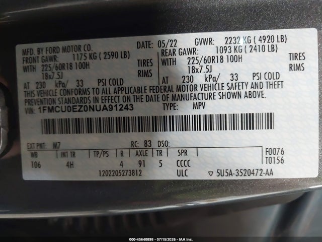 1FMCU0EZ0NUA91243 Ford Escape Se Plug-in Hybrid
