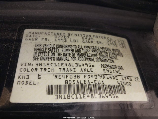 2008 Nissan Versa 1.8 S მანქანა იყიდება აუქციონზე, vin: 3N1BC11E48L364956, აუქციონის ნომერი: 45640899