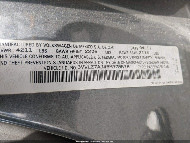 45640913 :رقم المزاد ، 3VWLZ7AJ4BM378578 vin ، 2011 Volkswagen Jetta 2.5l Sel مزاد بيع