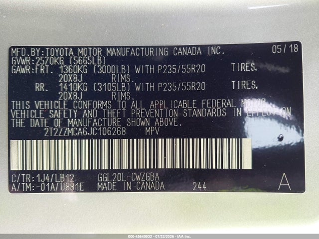 45640932 :رقم المزاد ، 2T2ZZMCA6JC106268 vin ، 2018 Lexus Rx 350 مزاد بيع