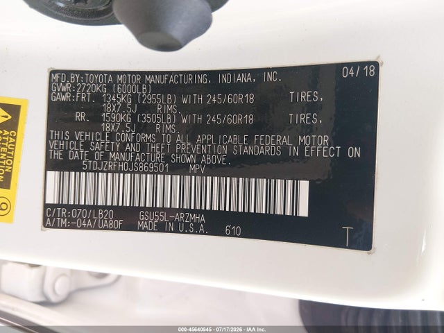Продаж на аукціоні авто 2018 Toyota Highlander Xle, vin: 5TDJZRFH0JS869501, номер лоту: 45640945